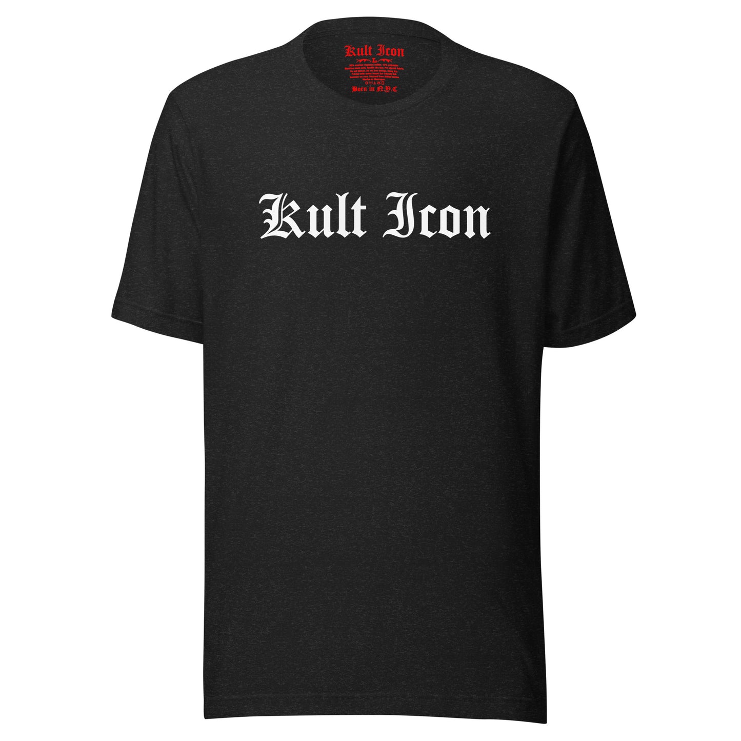 Black t-shirt with 'Kult Icon' text on a white background