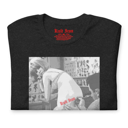 Folded black t-shirt with graphic design and 'Kult Iron' branding on a white background