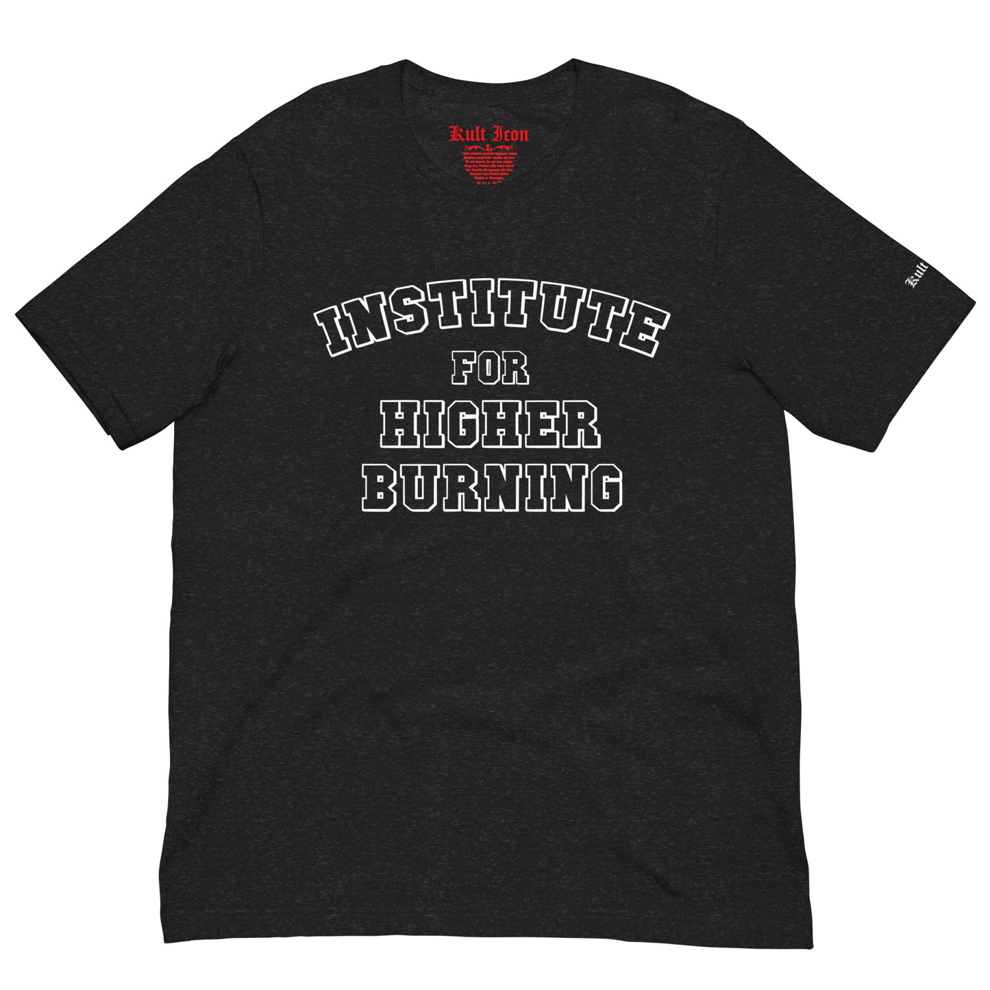 Black t-shirt with 'Institute for Higher Burning' text on a white background