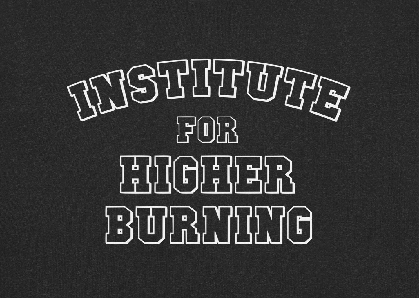 Black t-shirt with white text 'INSTITUTE FOR HIGHER BURNING' on a black background