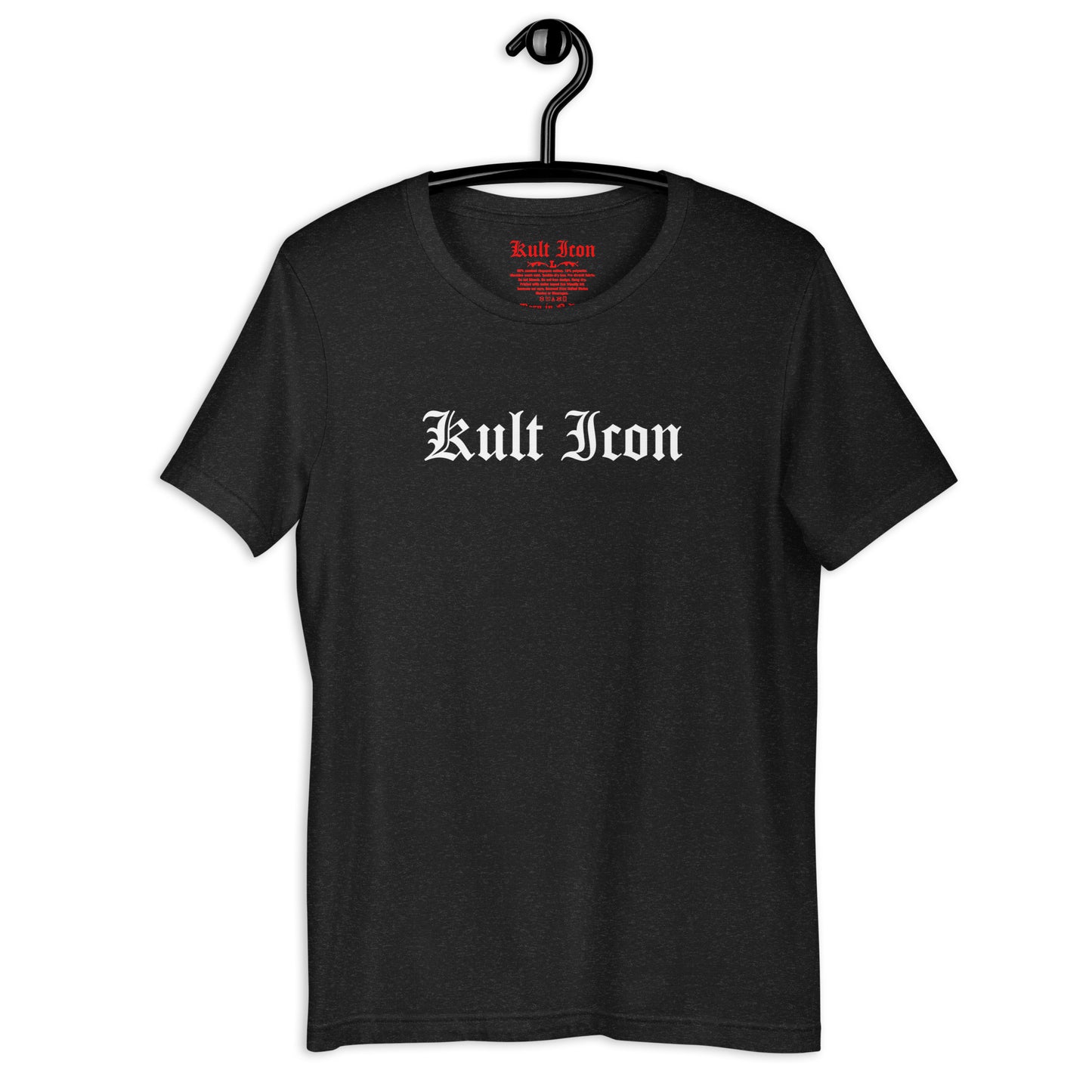 Black t-shirt with 'Kult Iron' logo on a hanger against a white background