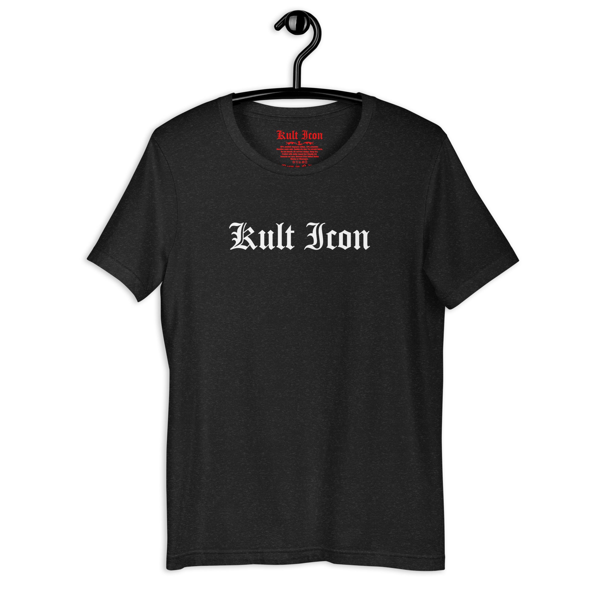 Black t-shirt with 'Kult Iron' logo on a hanger against a white background
