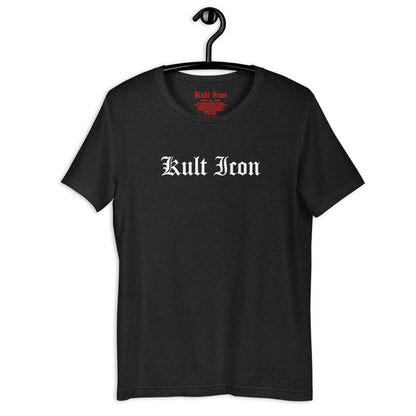 Black t-shirt with 'Kult Iron' logo on a hanger against a white background