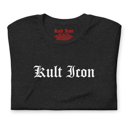 Black t-shirt with 'Kult Icon' text on a white background