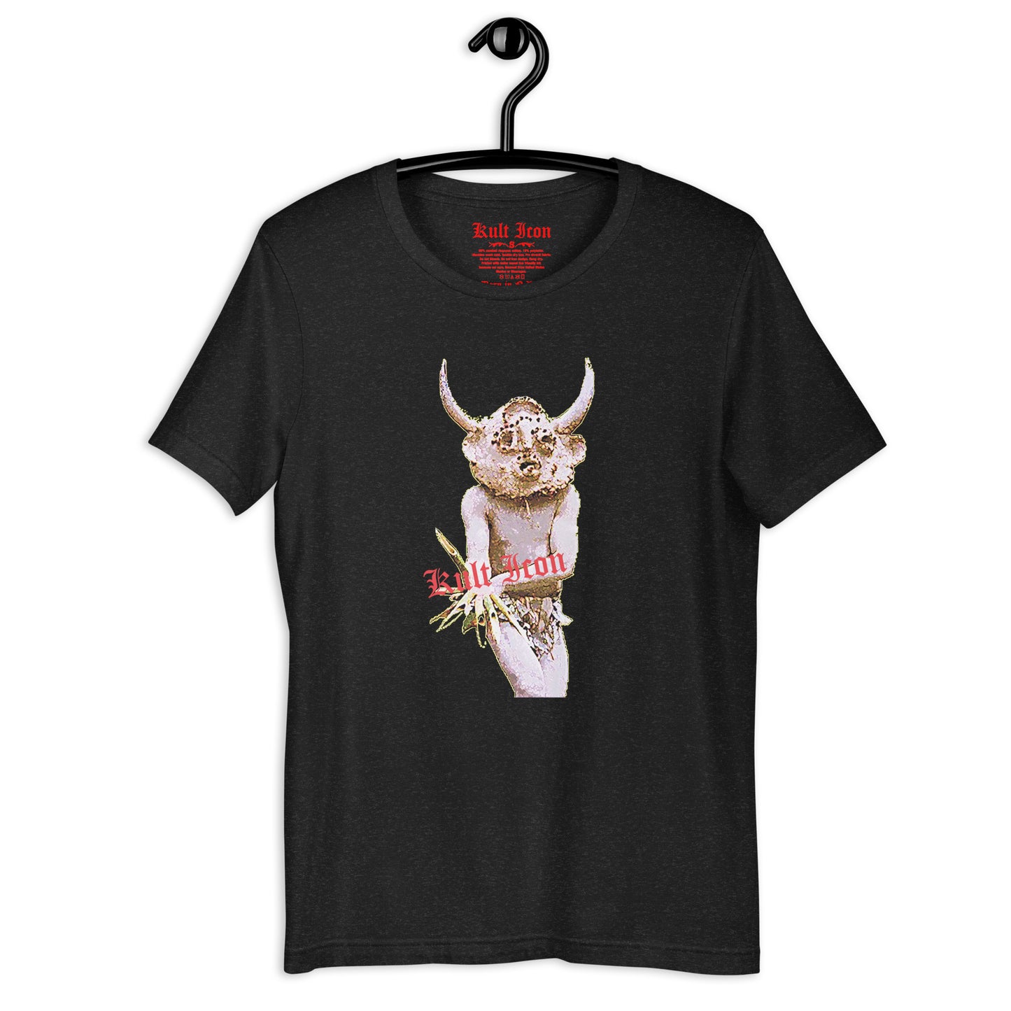 Black t-shirt with a graphic design of a bull and text on a hanger against a white background