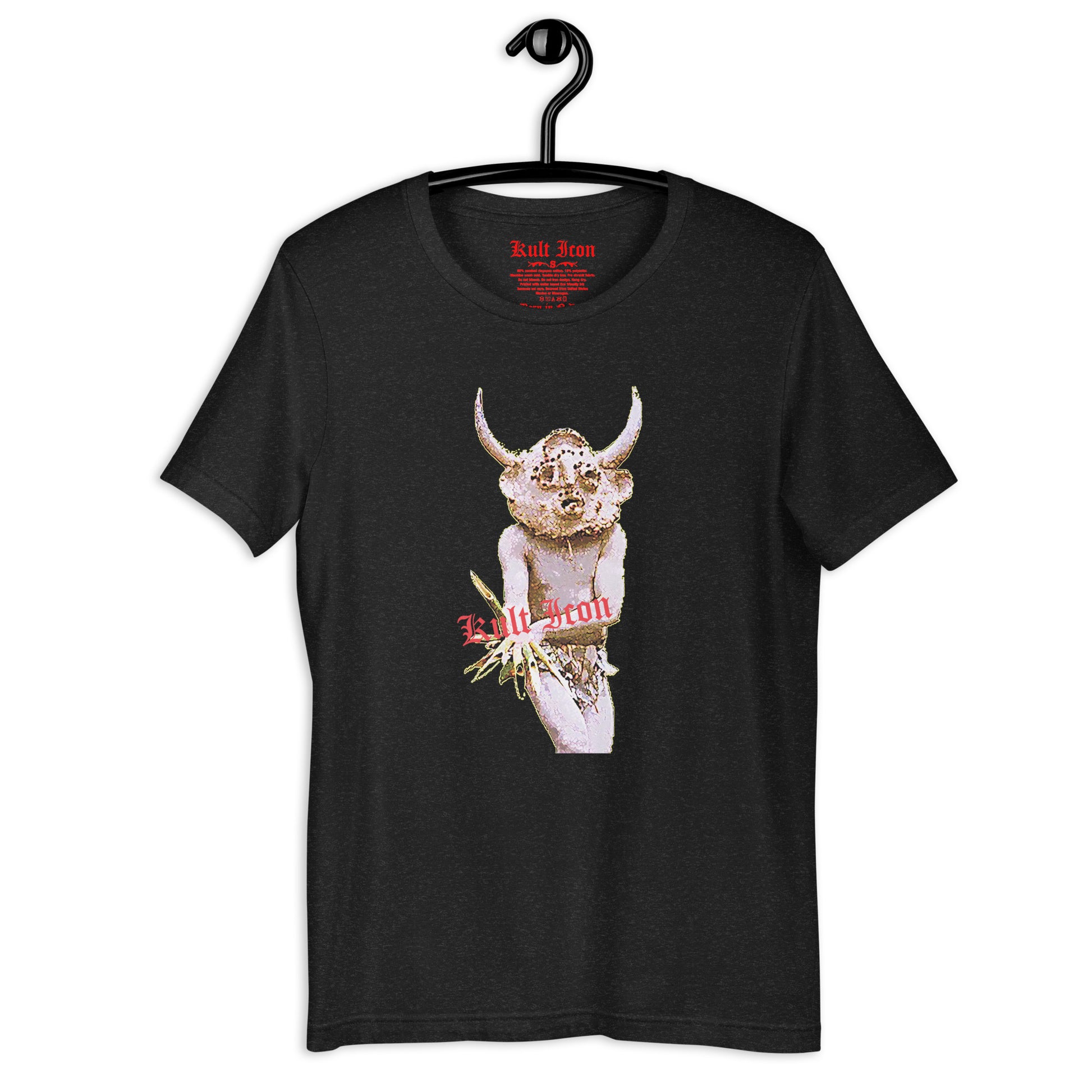 Black t-shirt with a graphic design of a bull and text on a hanger against a white background