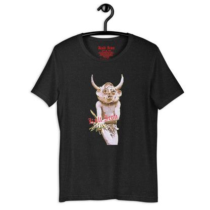 Black t-shirt with a graphic design of a bull and text on a hanger against a white background