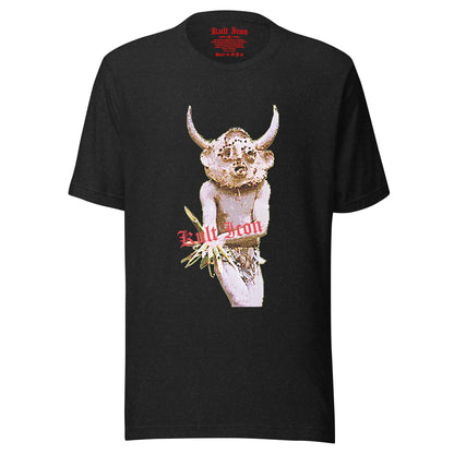 Black t-shirt with a graphic design of a creature holding a spear and 'Kult Korn' text on a white background.