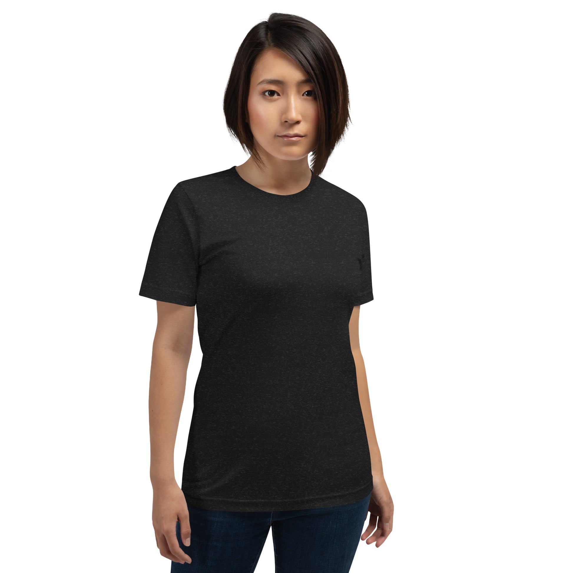 Person wearing a black t-shirt on a white background