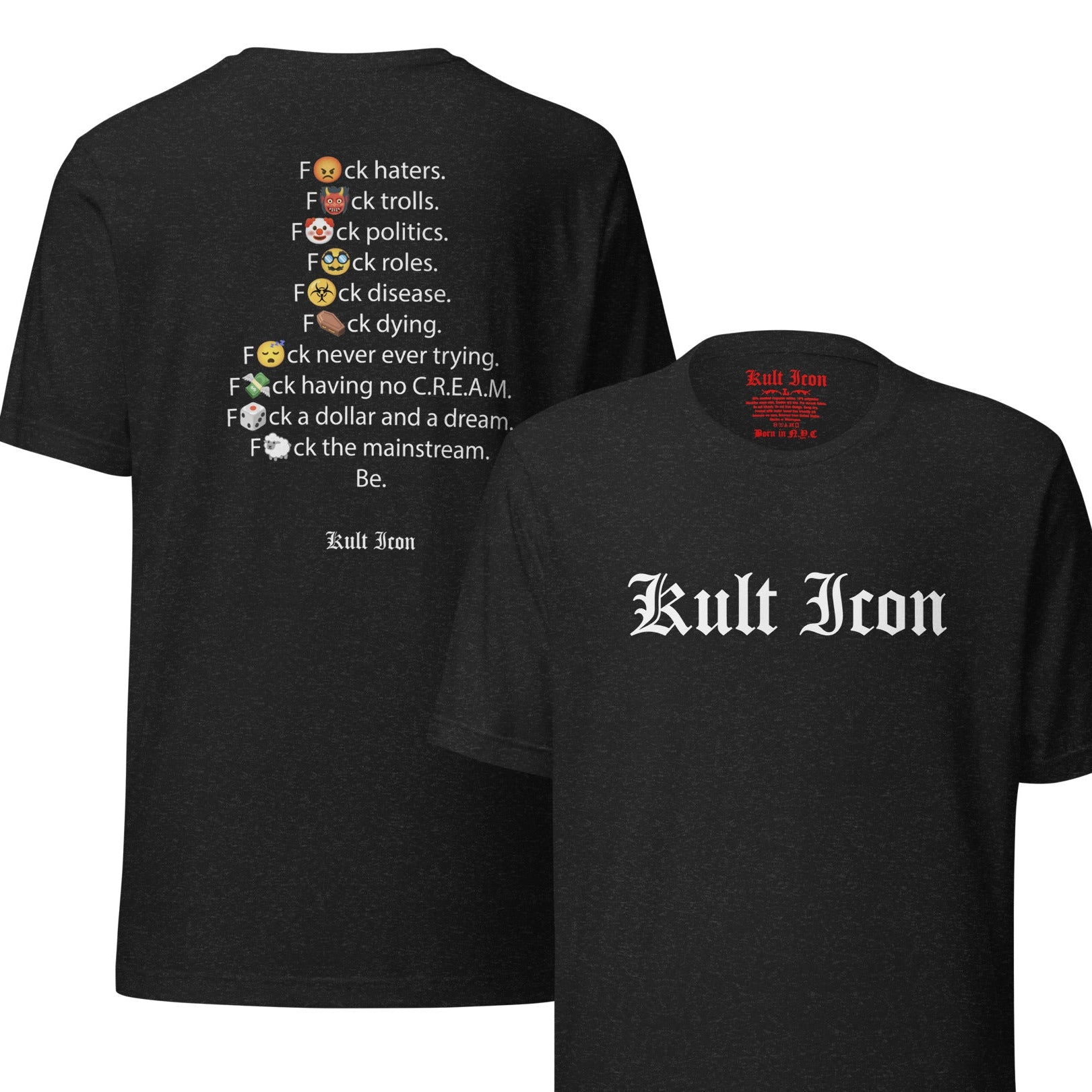 Black t-shirt with text on the front and 'Kult Iron' branding on a white background