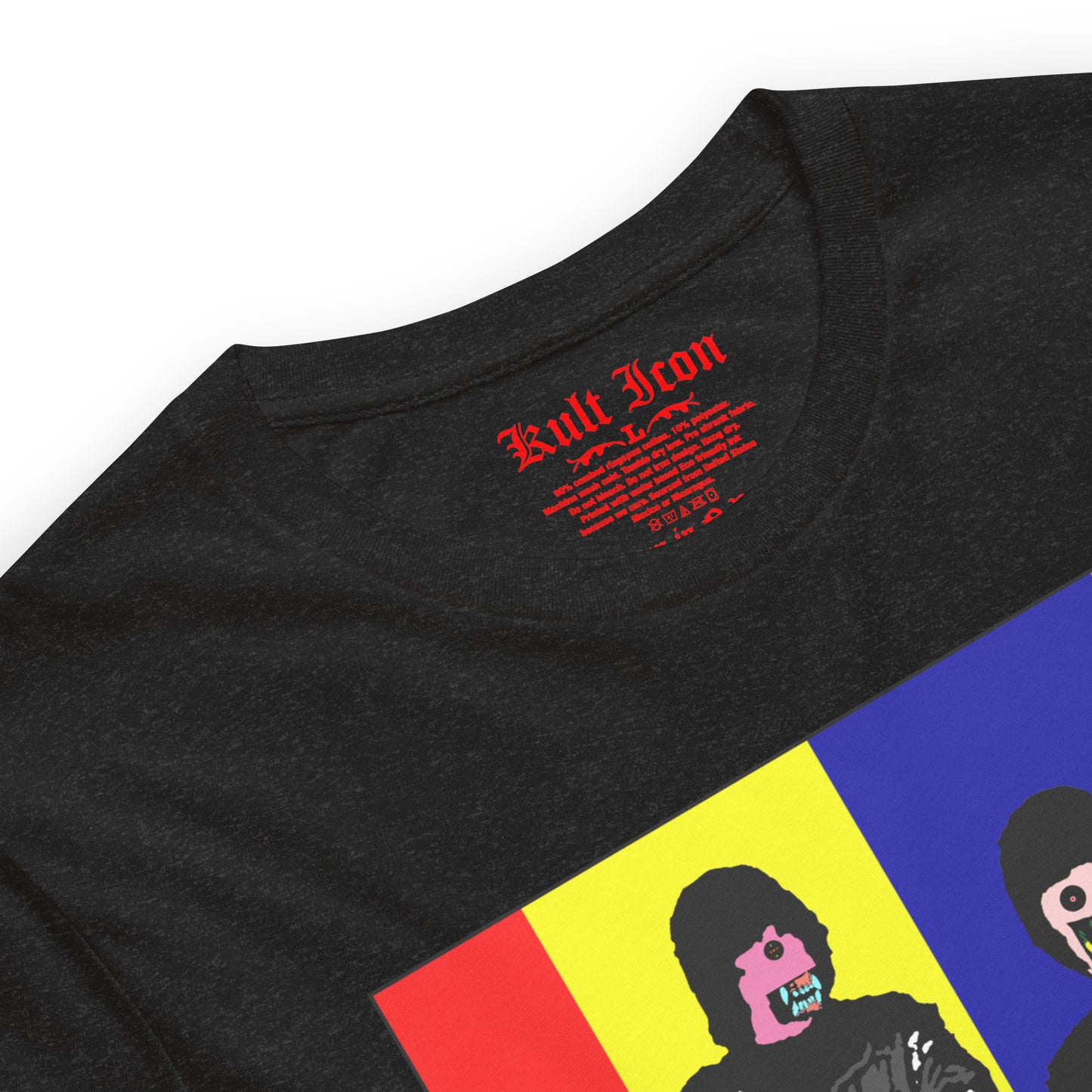 Black t-shirt with colorful graphic design and 'Bull Iron' text on a white background