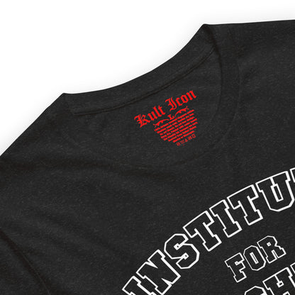 Black t-shirt with red logo and white text on a white background