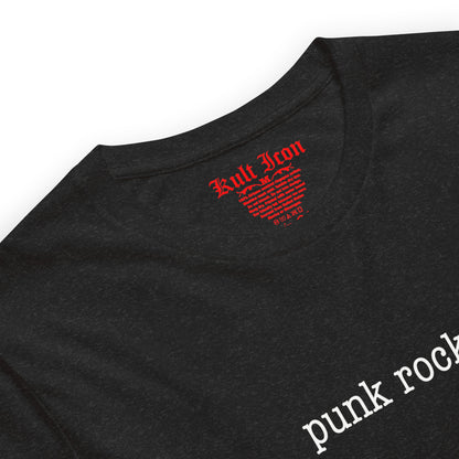 Black t-shirt with red and white text and logo on a white background