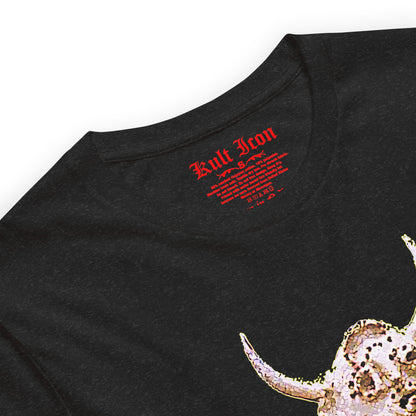 Black t-shirt with red text and a bull skull design on a white background