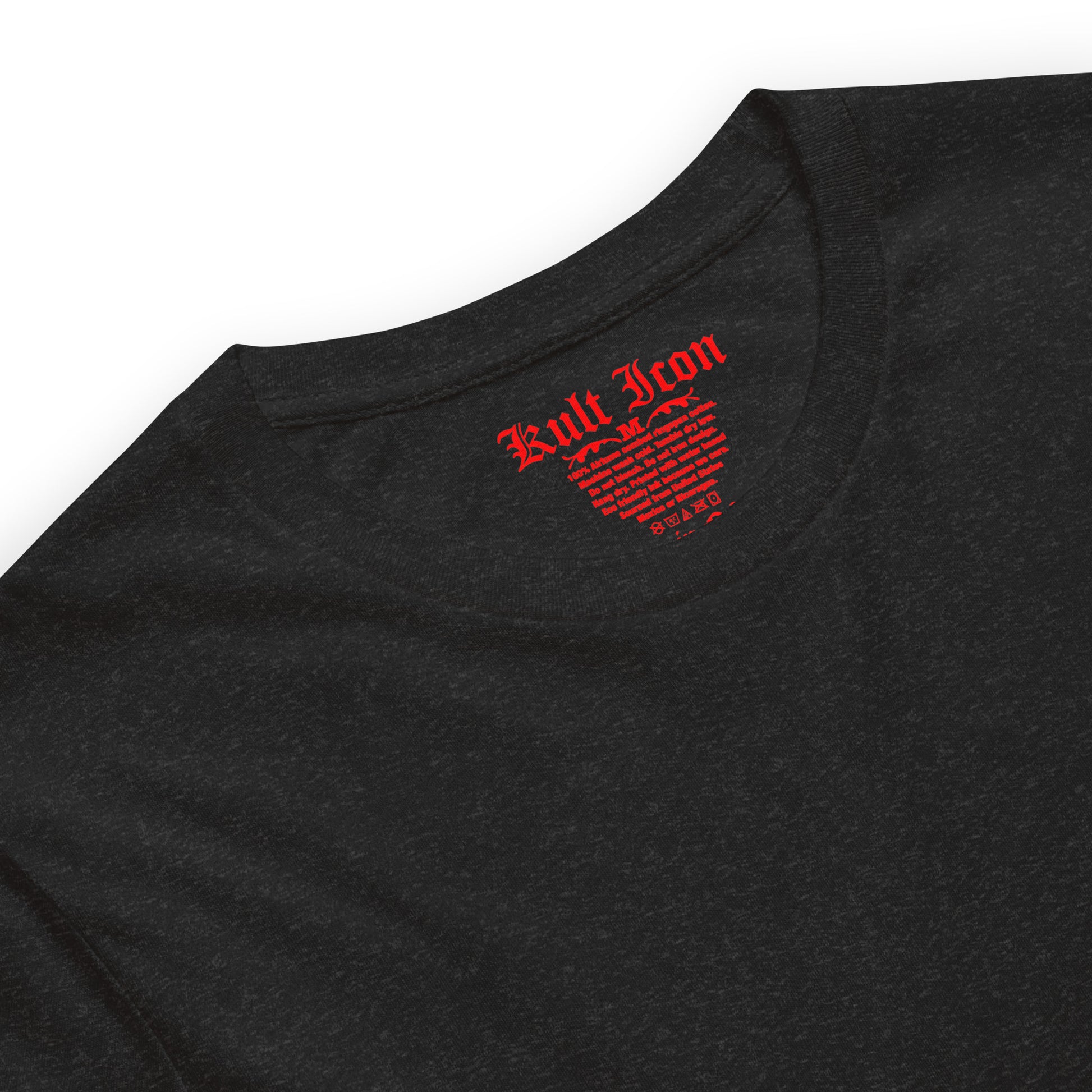 Black t-shirt with red logo on a white background