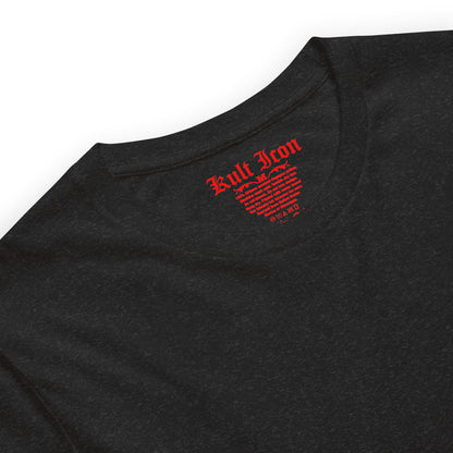 Black t-shirt with red logo on a white background