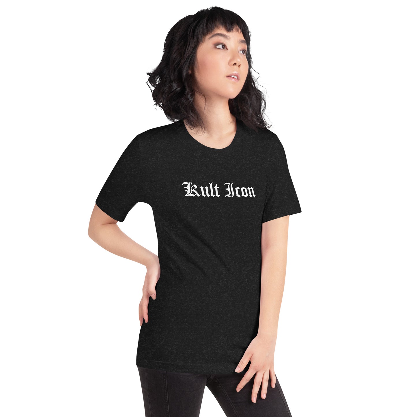 Person wearing a black t-shirt with 'Kult Iron' text on a white background