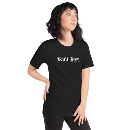 Person wearing a black t-shirt with 'Kult Iron' text on a white background