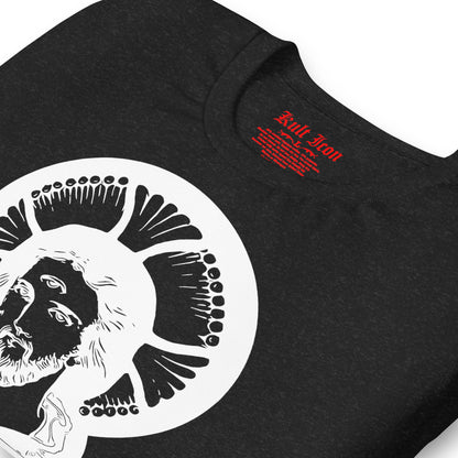 Black t-shirt with white graphic design and red text on a white background