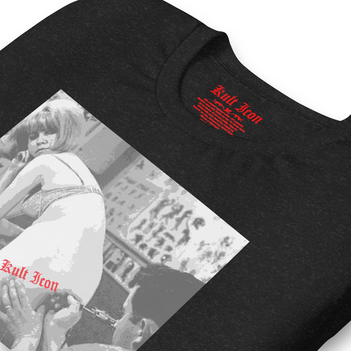 Black t-shirt with a graphic design and 'Kult Icon' text on a white background