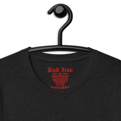 Black t-shirt with red text on a hanger against a white background