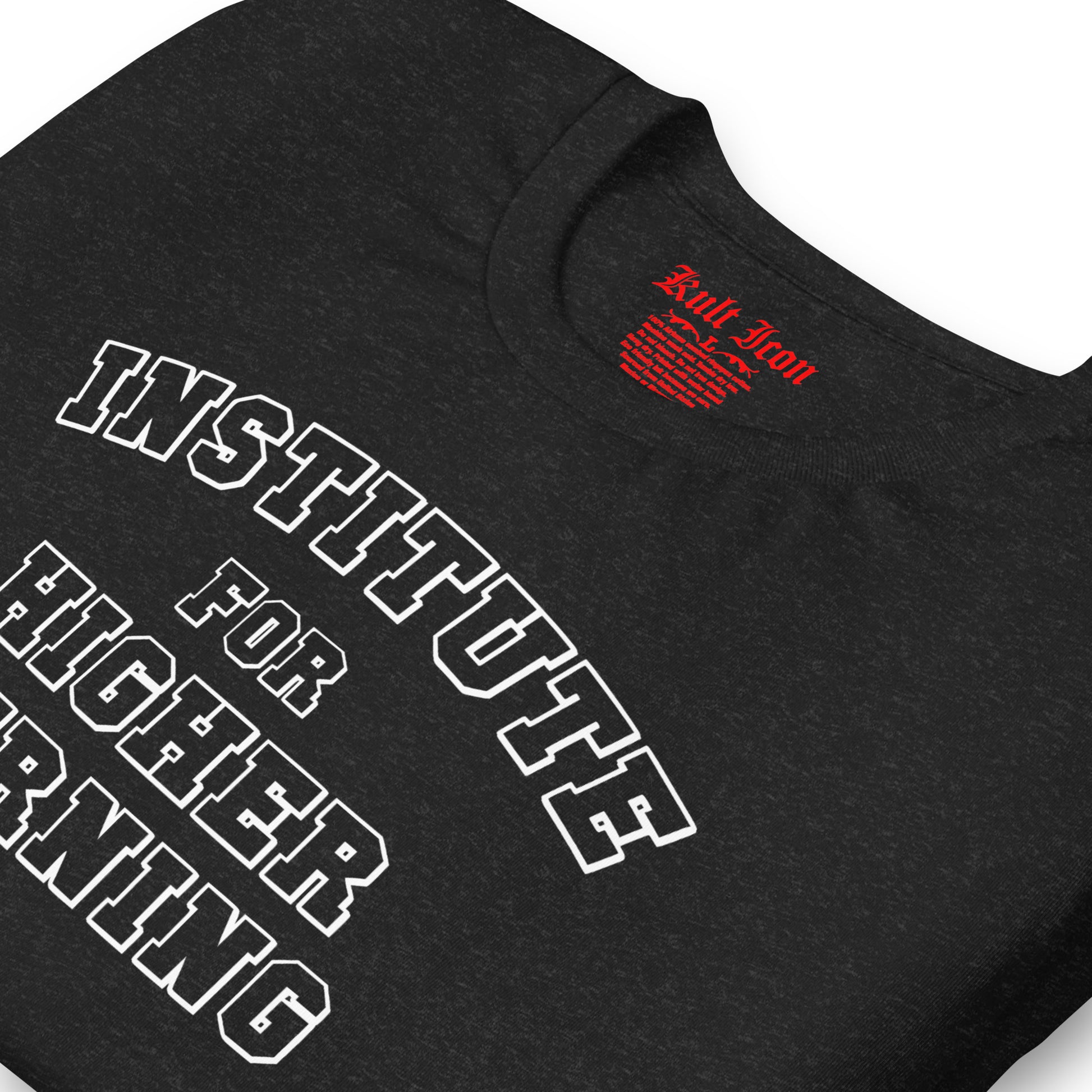 Black t-shirt with white text and red logo on a white background