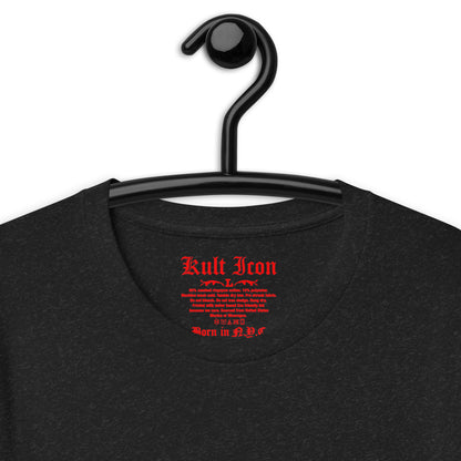 Black t-shirt with red text on a hanger against a white background