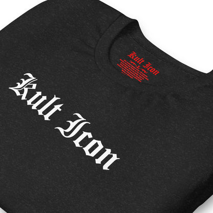Black t-shirt with 'Kult Icon' logo on a white background