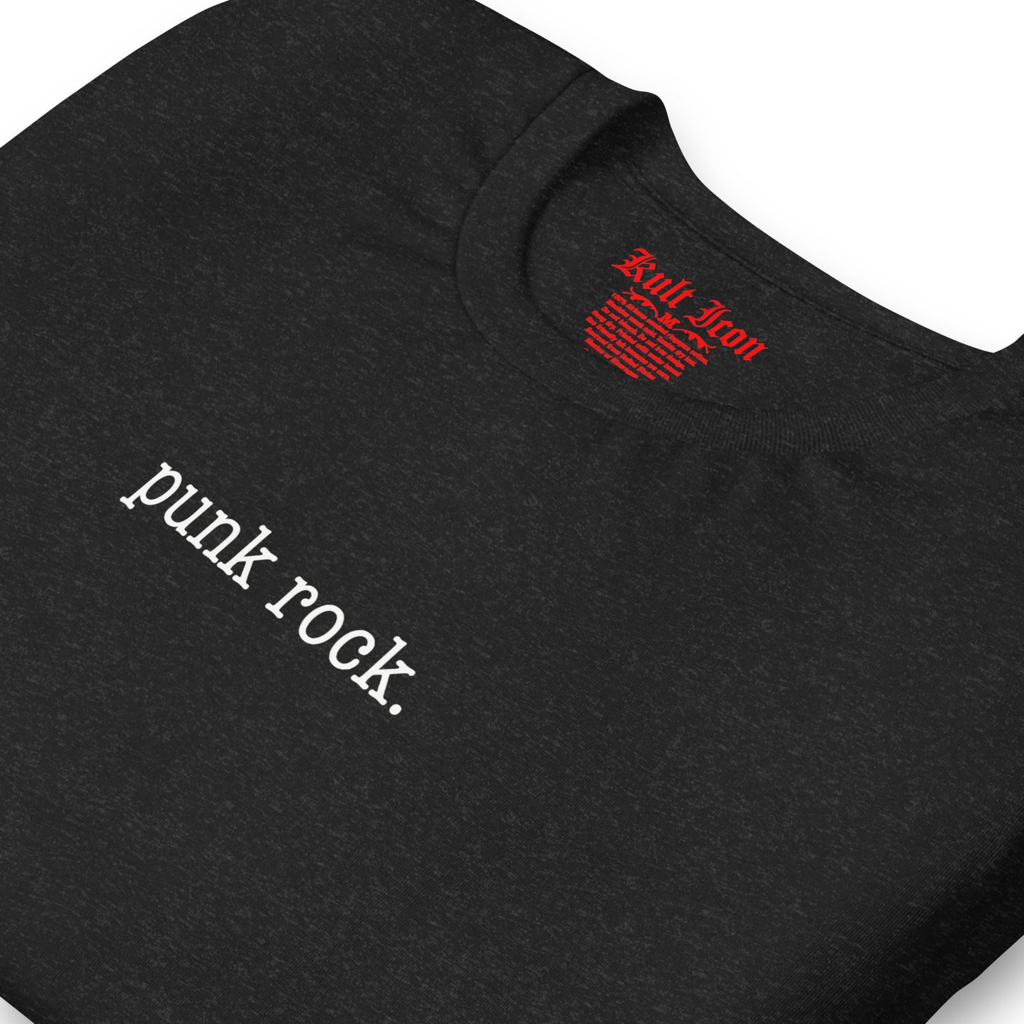 Black t-shirt with 'punk rock.' text and a red logo on a white background