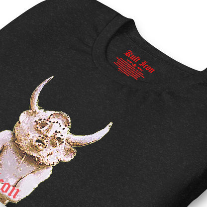 Black t-shirt with a graphic of a bull and 'Kult Iron' branding on a white background