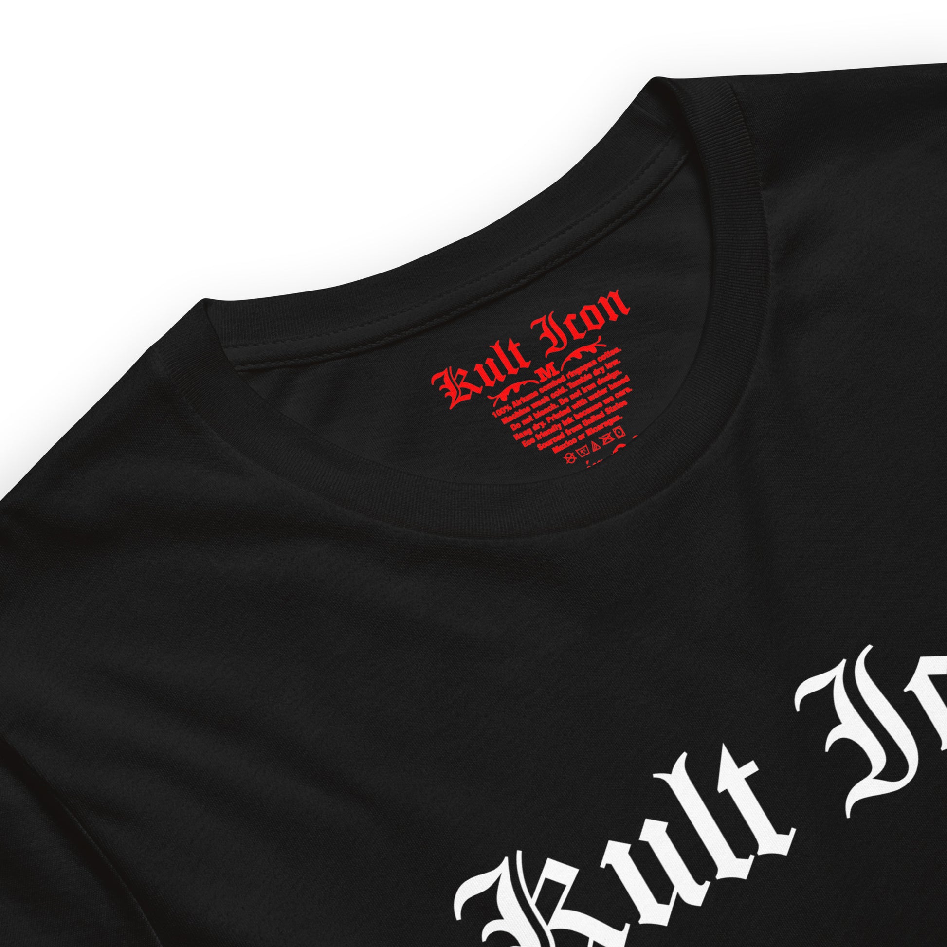 Black t-shirt with red and white text on a white background