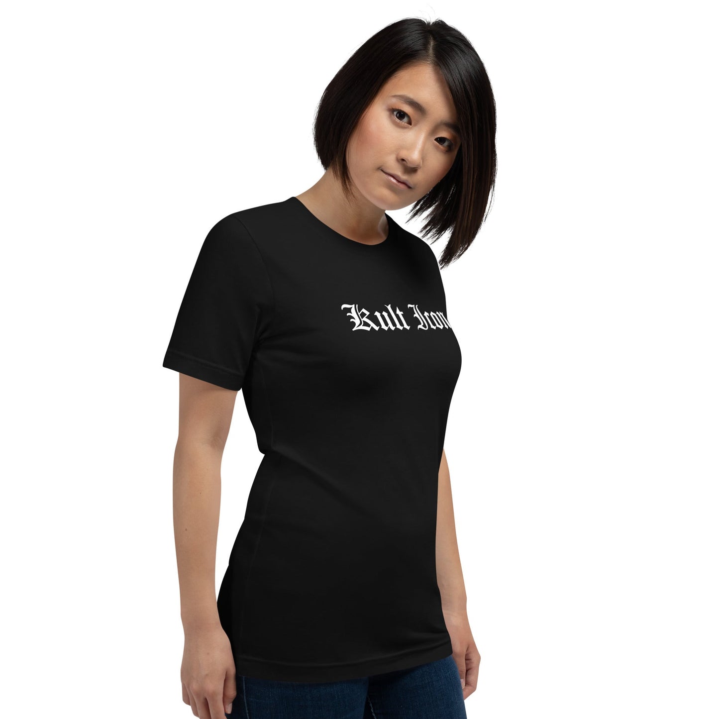 Person wearing a black t-shirt with 'Kult Iron' text on a white background