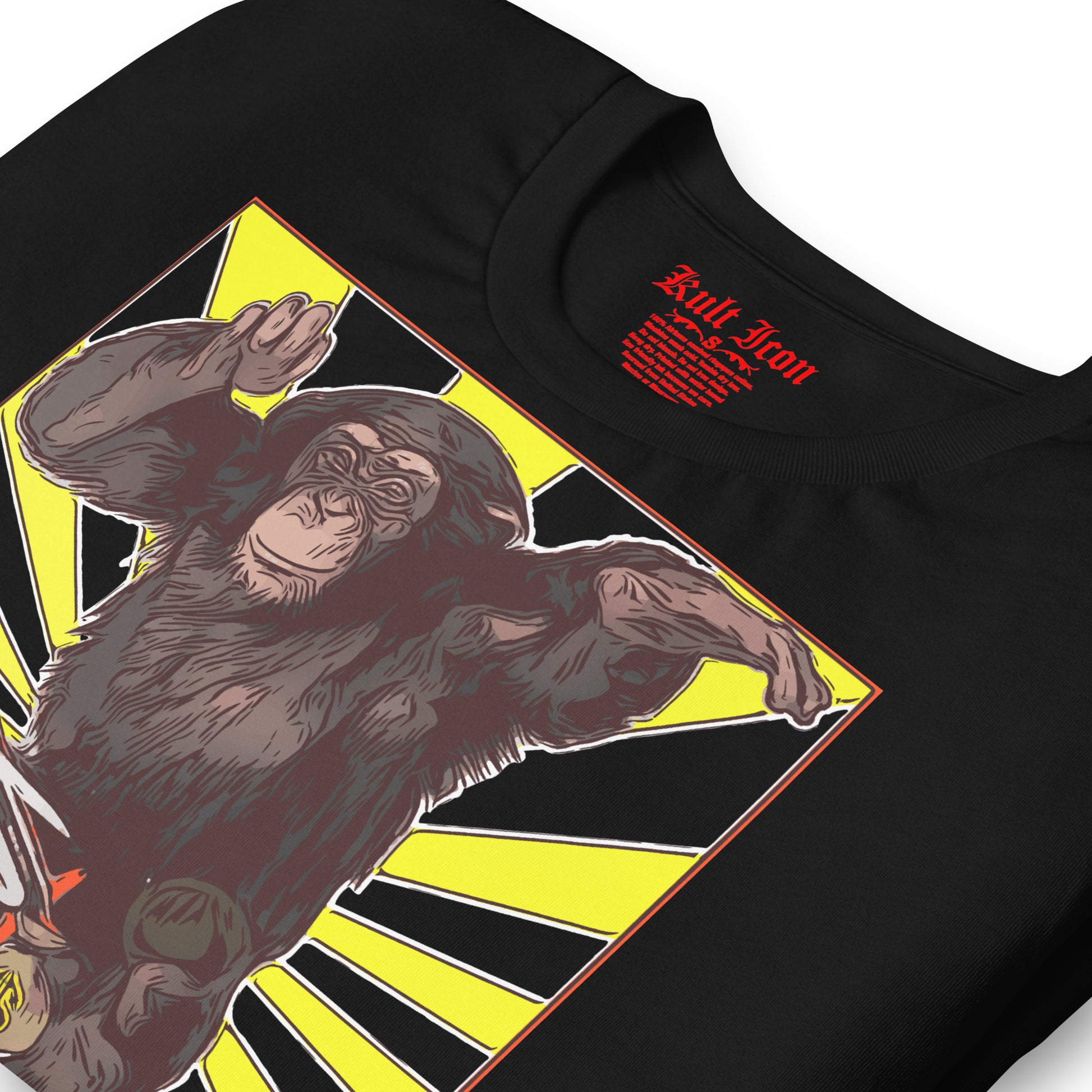 Black t-shirt with a graphic of a monkey and a yellow and black design on a white background