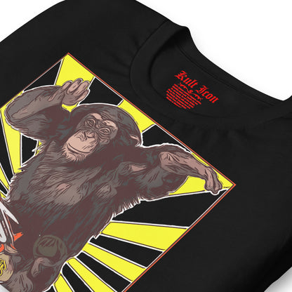 Black t-shirt with a graphic of a monkey and a yellow and black design on a white background