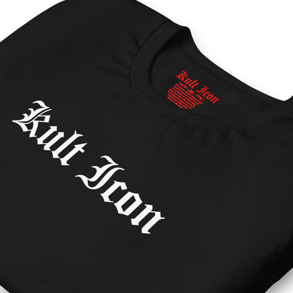 Black t-shirt with 'Kult Icon' text and logo on a white background