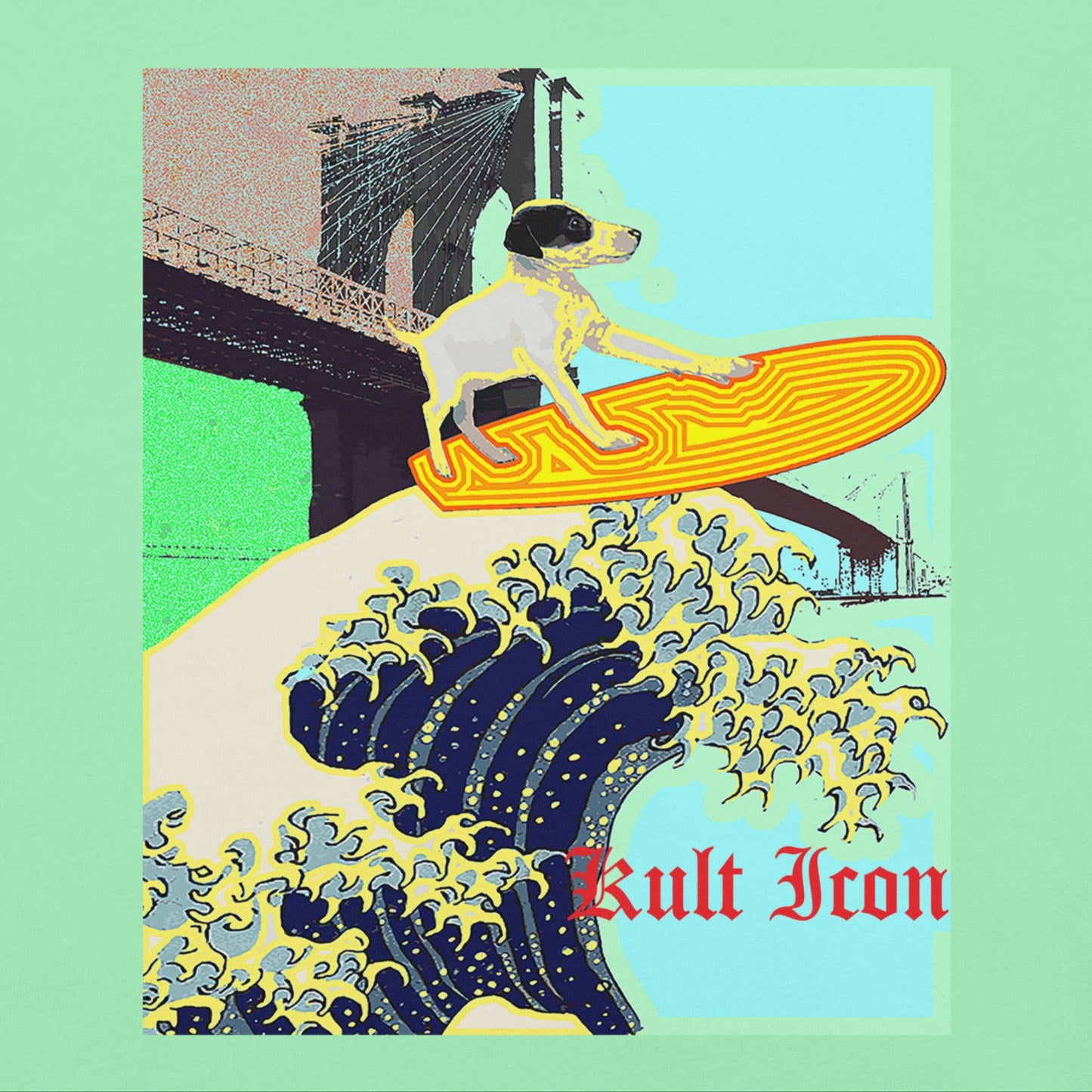Dog on a surfboard with a bridge and wave design, featuring the brand 'Kult Icon'.