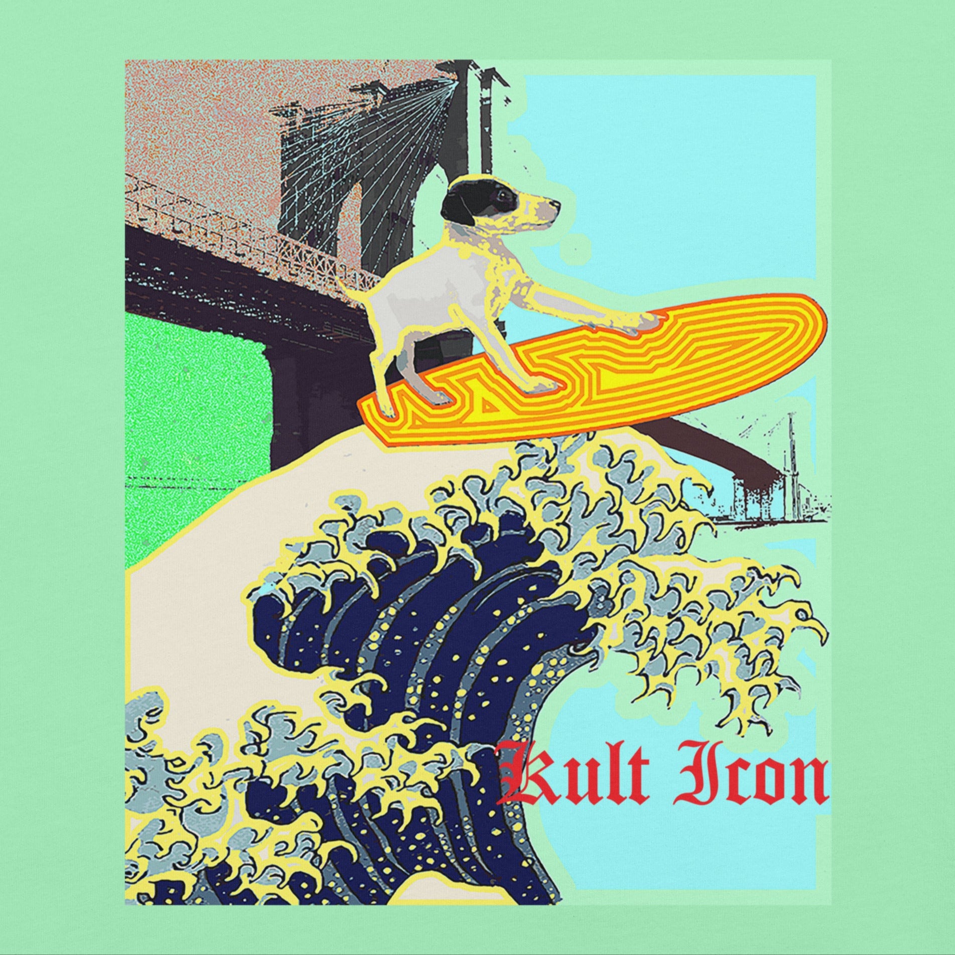 Dog on a surfboard with a bridge and wave design, featuring the brand 'Kult Icon'.