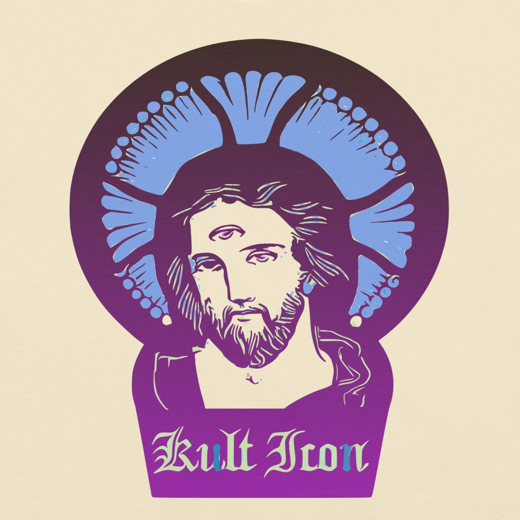 Logo with a stylized depiction of a religious figure and 'Kult Icon' text on a beige background