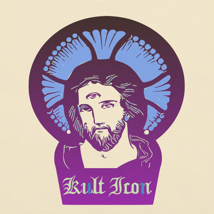 Logo with a stylized depiction of a religious figure and 'Kult Icon' text on a beige background