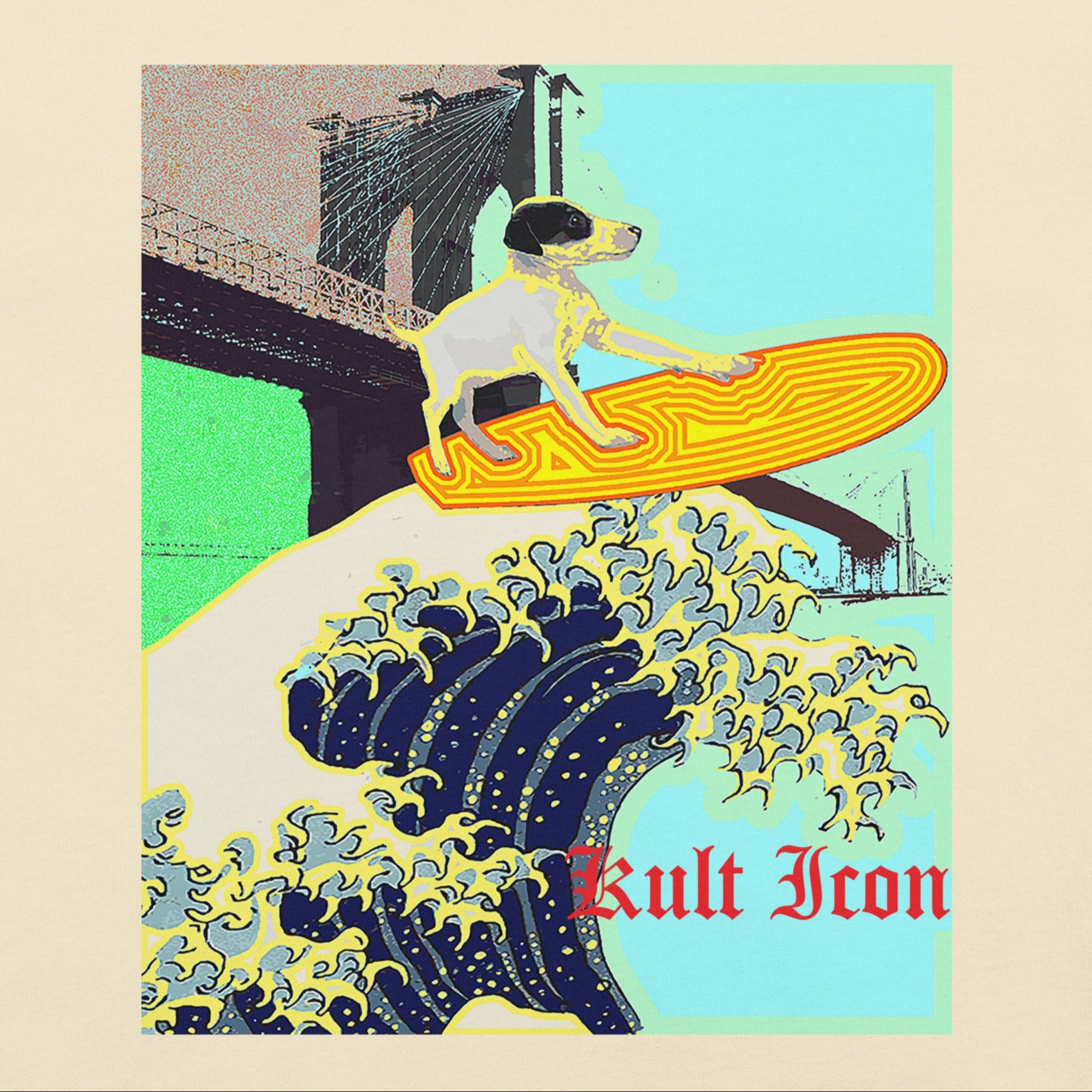 Dog on a surfboard with a bridge and wave design, featuring the brand 'Kult Icon'.