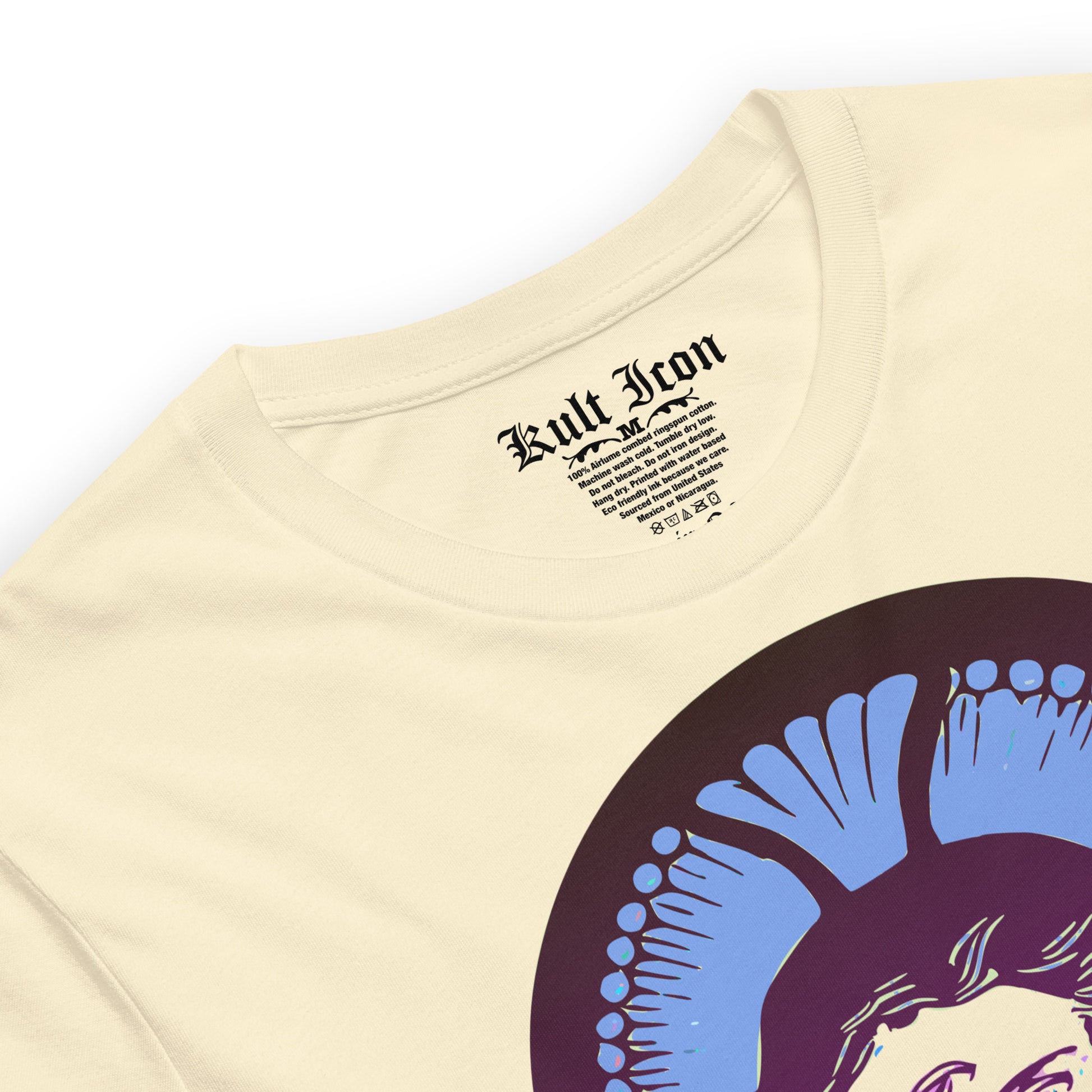 Beige t-shirt with a graphic design and 'Kult Icon' text on a white background