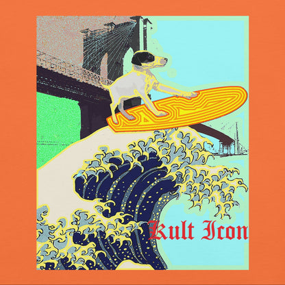 Dog on a surfboard with a bridge and wave design, featuring the text 'Kult Icon'.