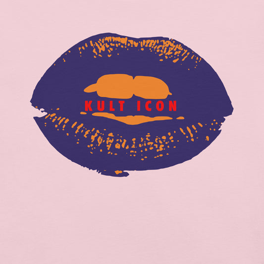 Lipstick kiss mark with 'Kult Icon' text on a pink background