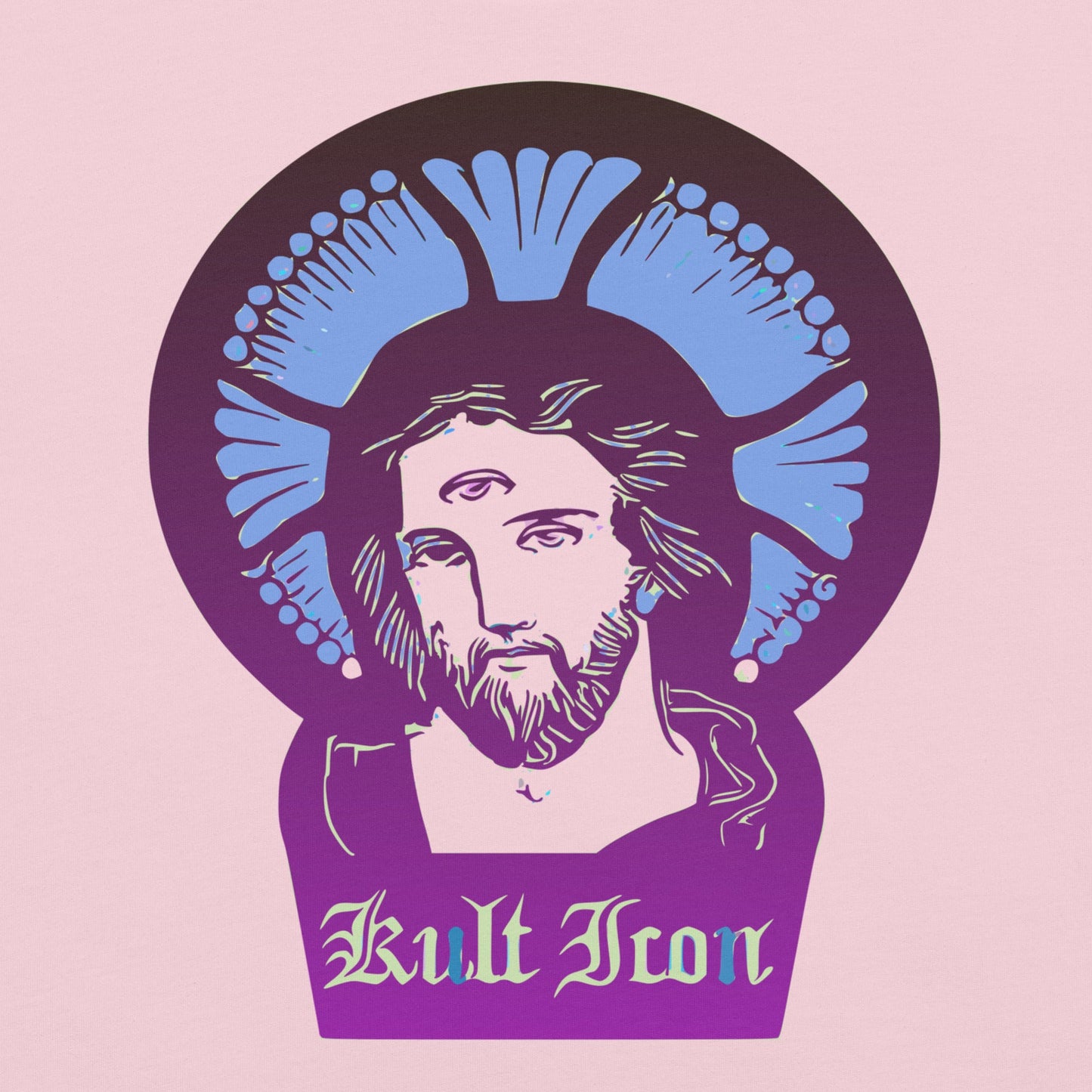Illustration of a religious figure with blue footprints and 'Kult Icon' text on a pink background