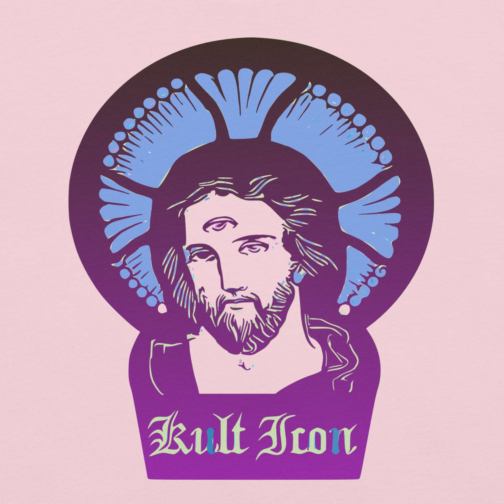 Illustration of a religious figure with blue footprints and 'Kult Icon' text on a pink background