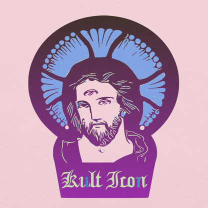Illustration of a religious figure with blue footprints and 'Kult Icon' text on a pink background