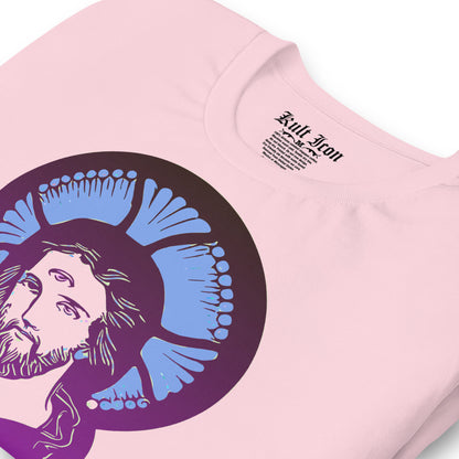 Pink sweatshirt with a graphic design of a face with blue hands and crowns on a white background