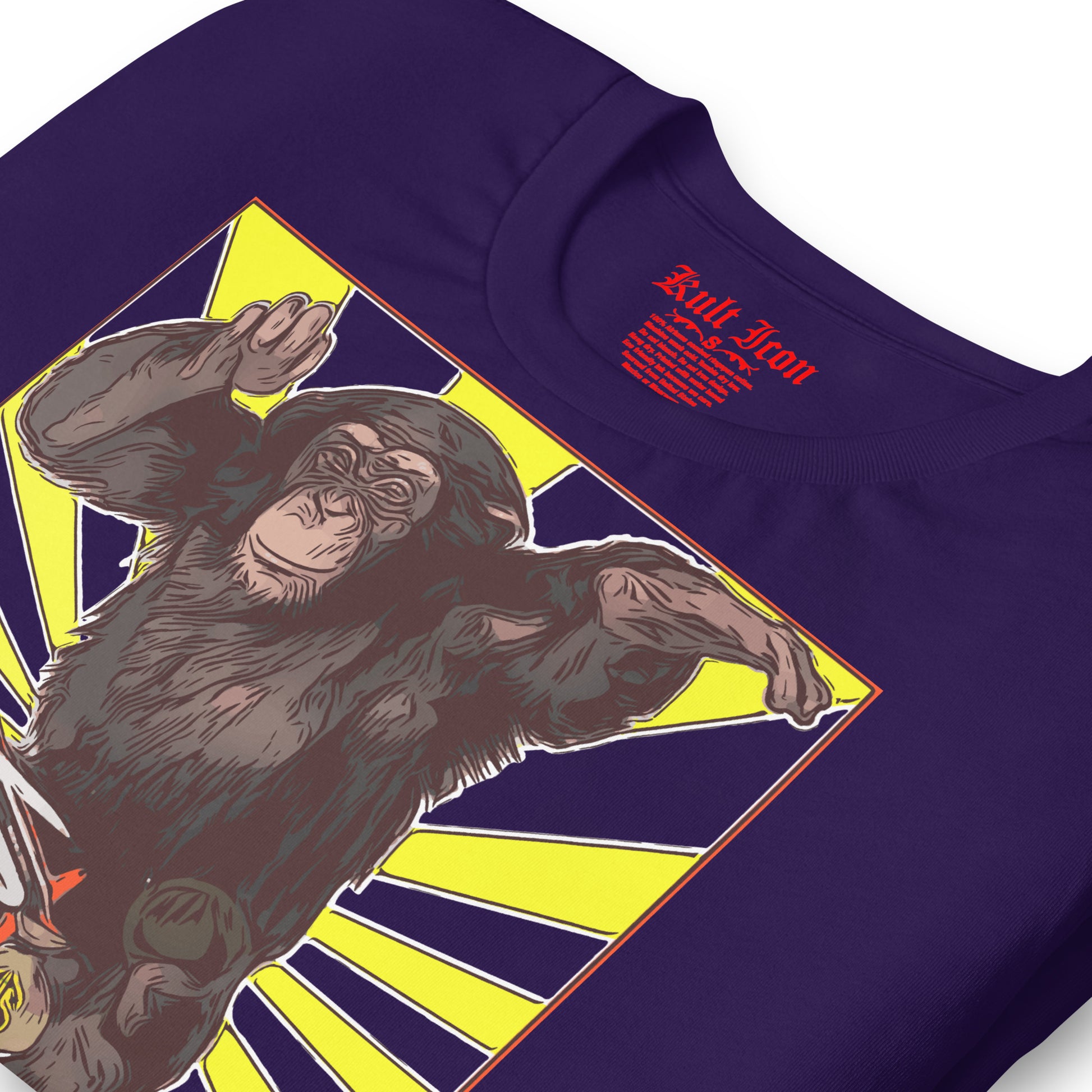 Purple t-shirt with a graphic of a monkey and geometric design on a white background