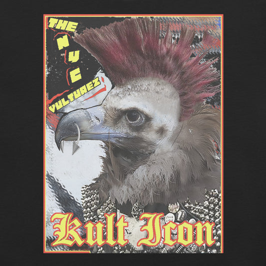 Album cover with a vulture wearing a mohawk and text 'The Nu'e Vulturez Kult Iron' on a dark background.