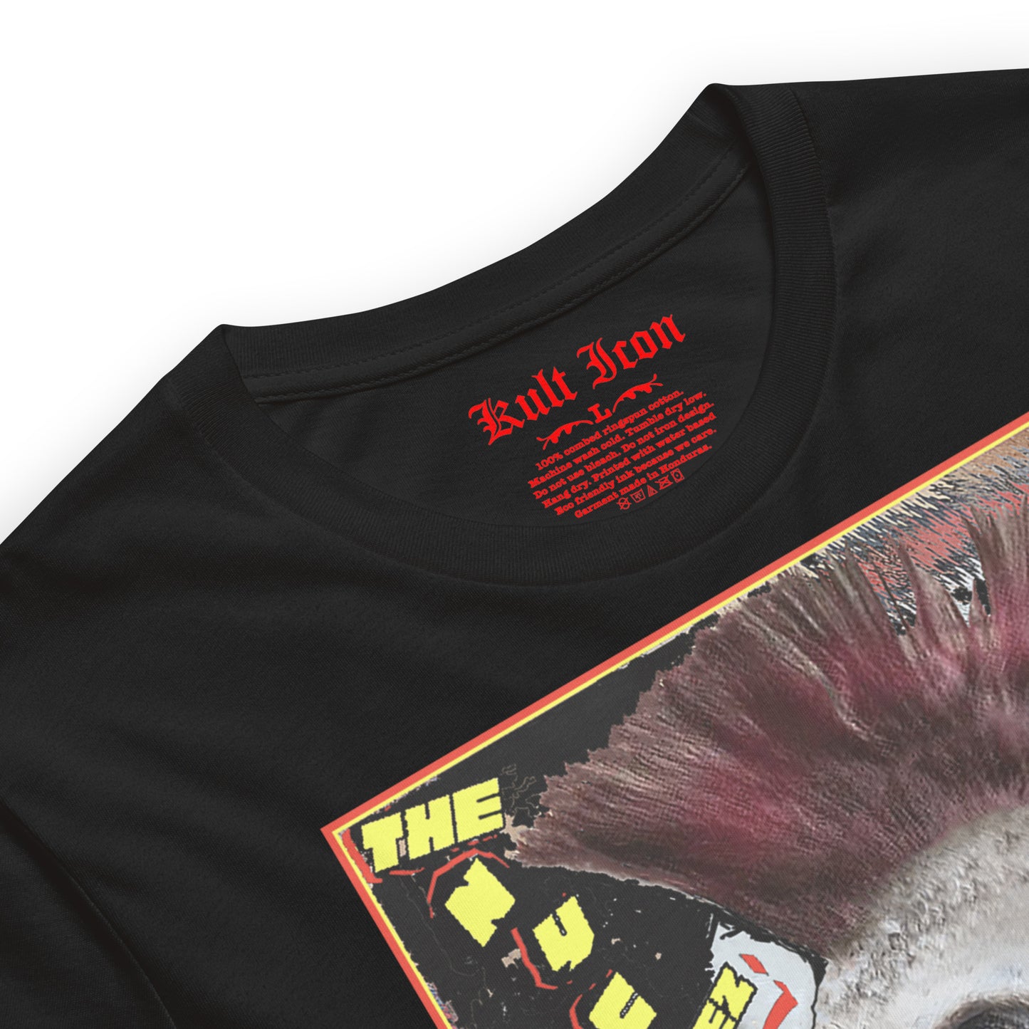 Black t-shirt with graphic design and 'Kult Iron' text on a white background